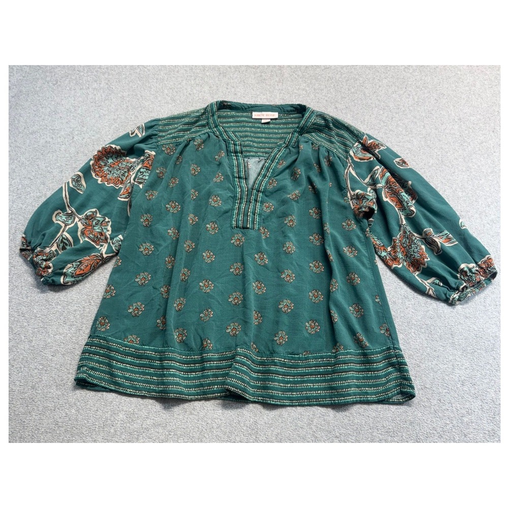 Knox Rose Blouse Womens S Green Floral Boho Split Neck 3/4 Balloon Sleeve Boho